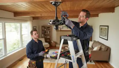 Electrician repairing a ceiling fan in Orange, CA for reliable residential service