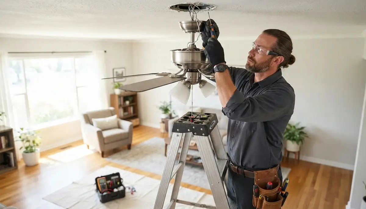 Electrician repairing a ceiling fan in an Orange, CA home