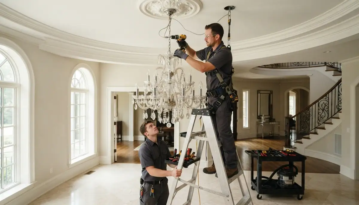Chandelier installation by a local electrician in an Orange, CA home