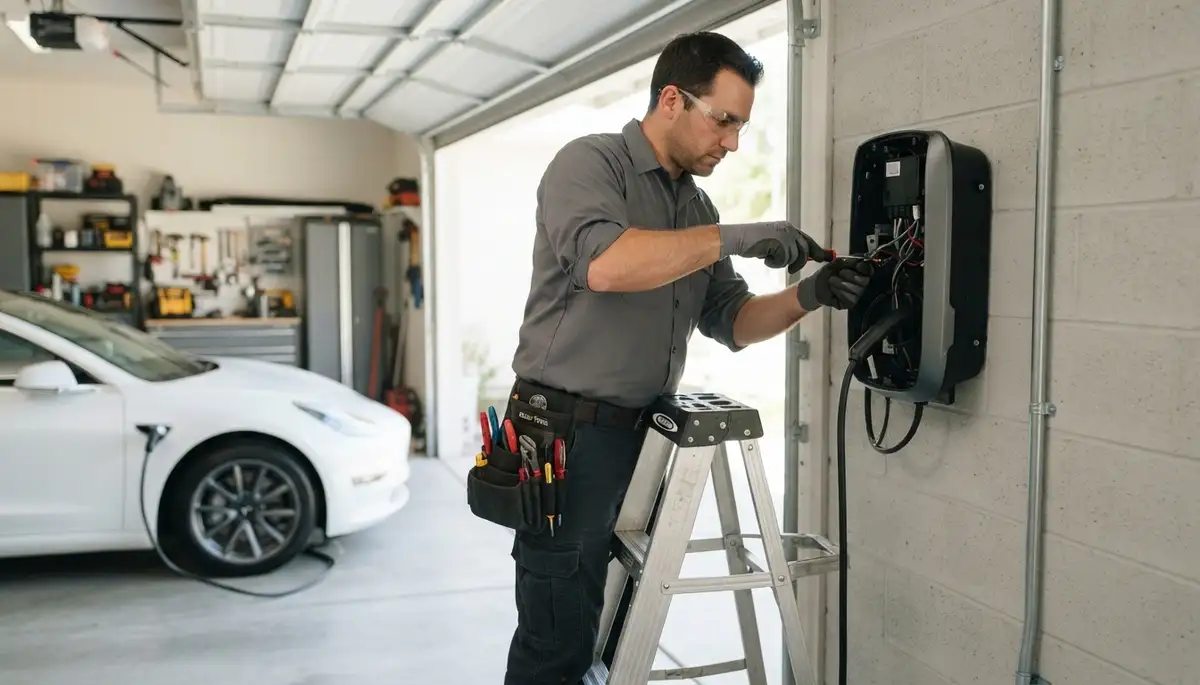 Electric car charger installation with updated wiring for an Orange, CA home electrician service