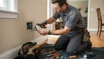 Electrician repairing a wall outlet in an Orange, CA home