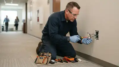 Electrician repairing a wall outlet in an Orange, CA home for professional outlet repair service