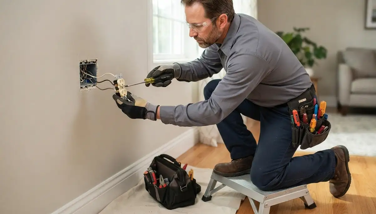 Electrician repairing a wall outlet in an Orange, CA home with On Call Electrical outlet repair services
