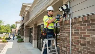 Electrician evaluating security lighting and home wiring in Orange, CA