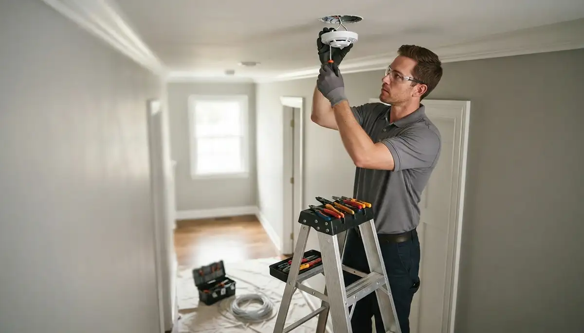 Smoke detector installation by an electrician in an Orange, CA home