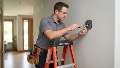 Electrician installing a thermostat in an older Orange, CA home
